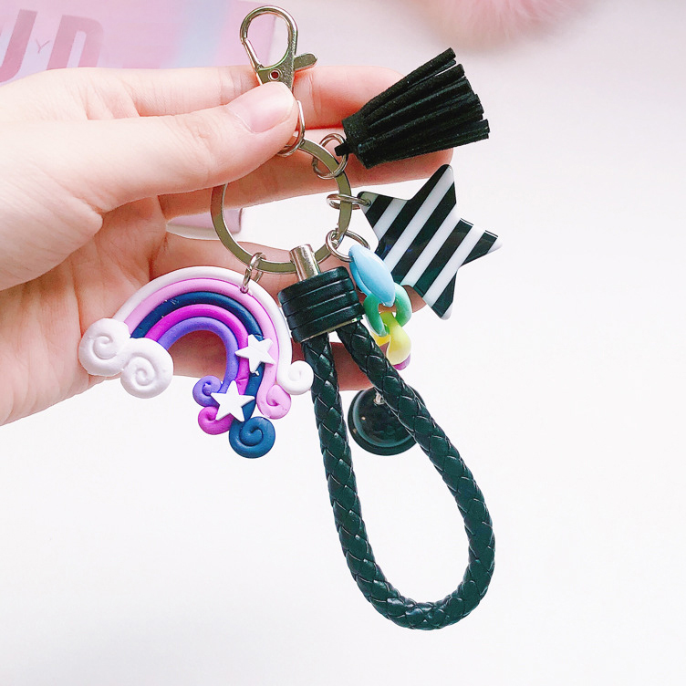 Porte-clés arc-en-ciel mignon, bracelet en cuir, corde tressée, pompon, pour femmes et filles, cloche étoile, sucette, accessoires de sac,: Rose chaud