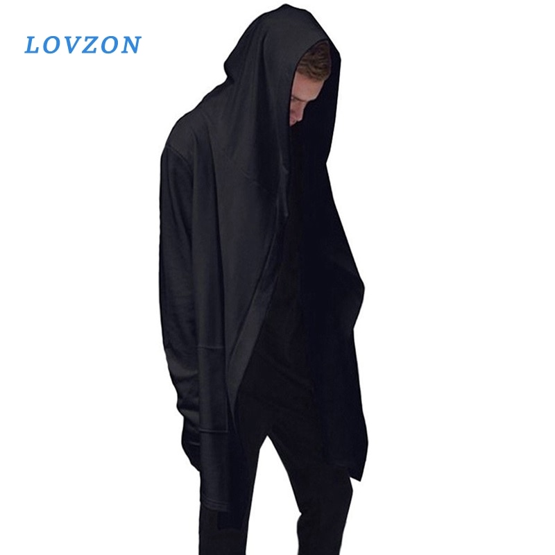 LOVZON hombres sudaderas con capucha con vestido negro Hip Hop manto sudaderas con capucha chaqueta de largo manto de mangas Hombre Abrigos y prendas de vestir