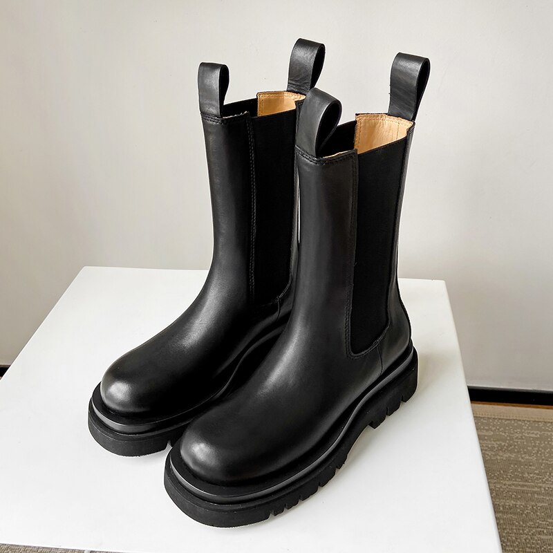 Chelsea leren laarzen met ronde neus voor dames, plateau laarzen voor dames, paardrijschoenen voor dames