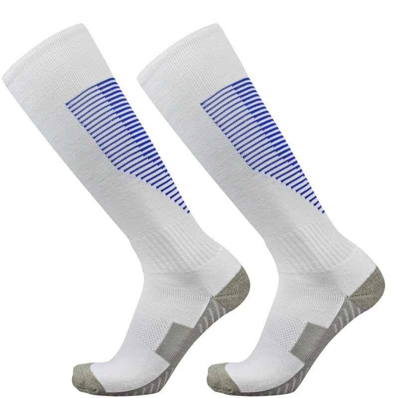 Calcetines deportivos Europa Club de fútbol calcetines deportivos hasta la rodilla calcetines deportivos transpirables profesionales de fútbol baloncesto Media larga calcetines deportivos para niños adultos: WHITE-BLUE / ADULT