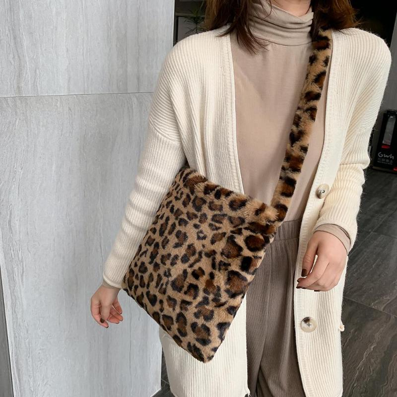 Leopard print crossbody bag kvinner plysj myk casual skulder messenger bag fluffy kvinnelig veske