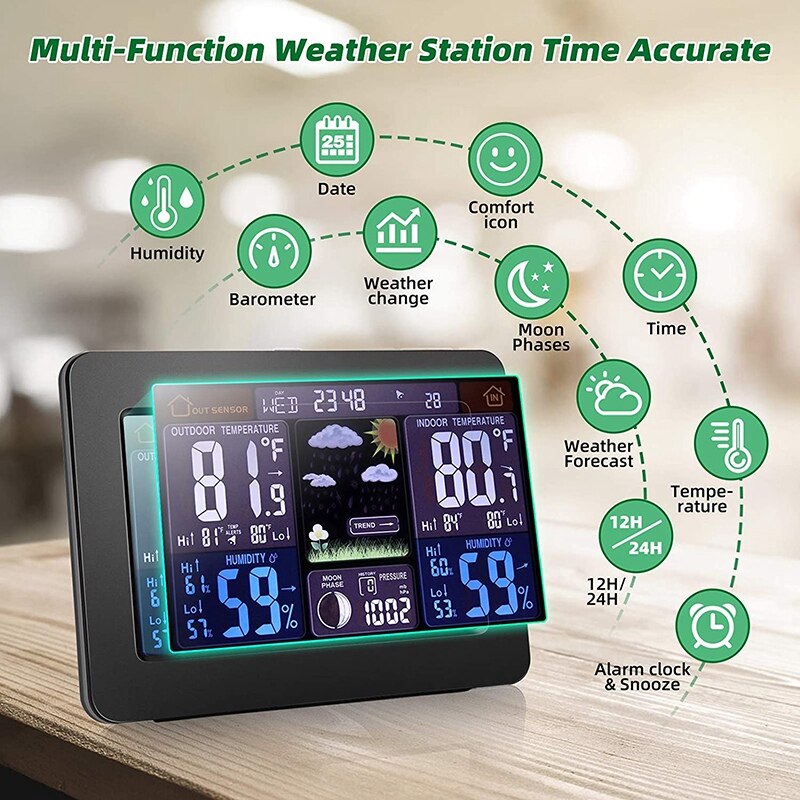 Draadloze Weerstation Digitale Kleur Display Weerstation Met Outdoor Sensor Temperatuur Hygrometer Wekker