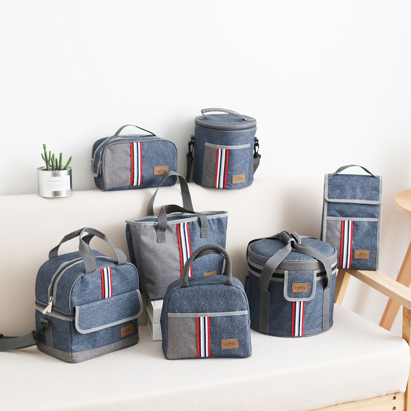 Lancheira térmica com isolamento de pano jeans, bolsa térmica para piquenique casual masculina e feminina