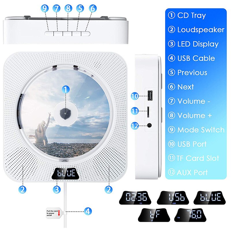 Portable CD Player Bluetooth Built-in Home Audio USB MP3 Player