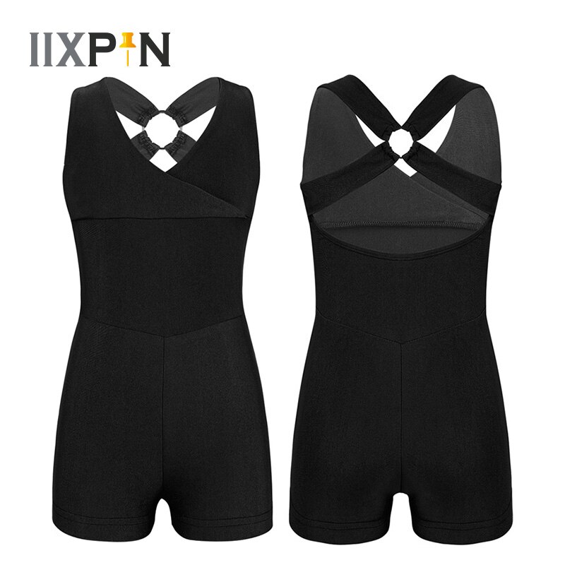 Iixpin jenter ballett trikot body unitard shorts ermeløs v-hals kryss rygg ballett dans gymnastikk trikot jumpsuit