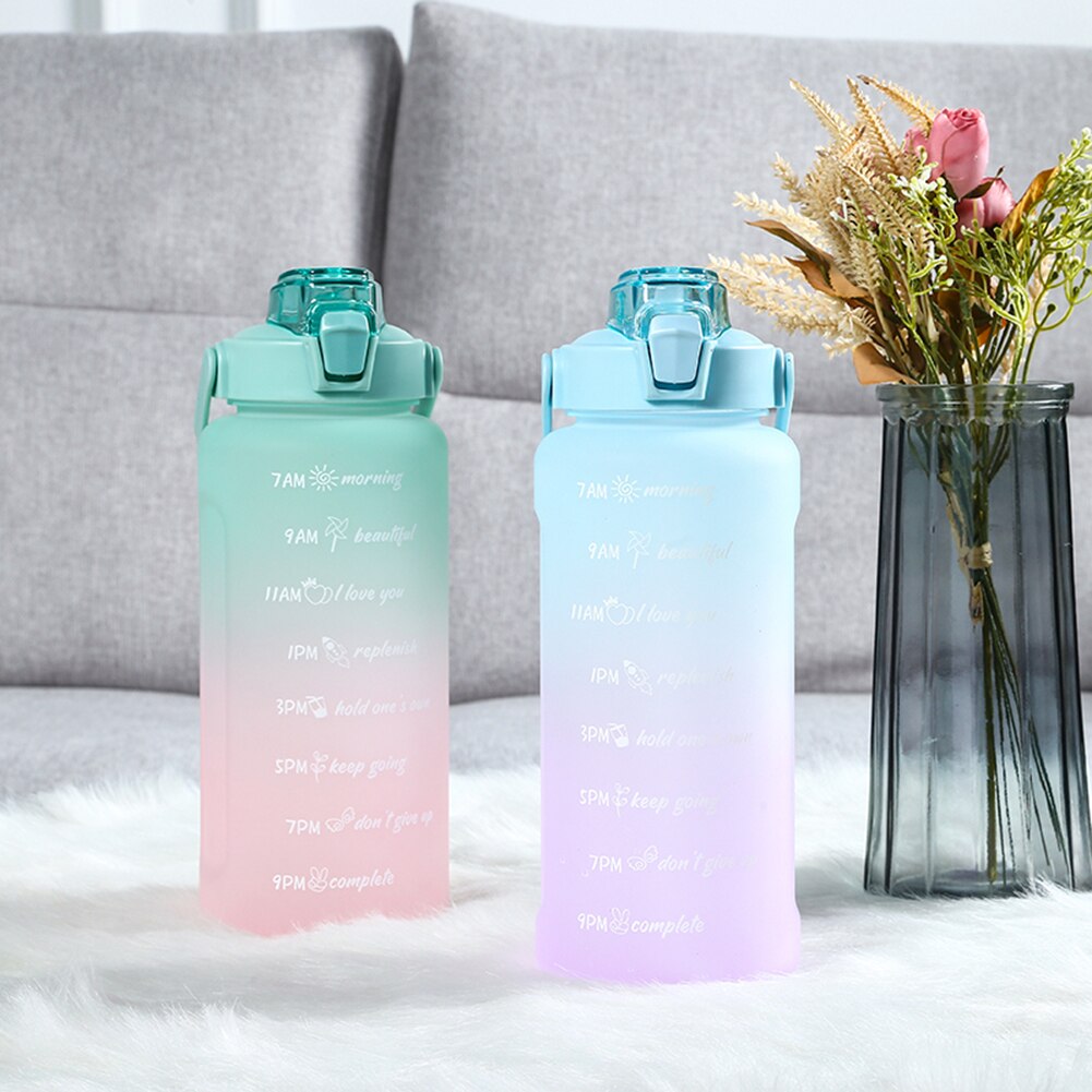 2000ML Large-Capacity Water Bottle With Time Scale Reminder Elastic Straw Sports Bottle Keak-Proof Frosted Outdoor Drinkware