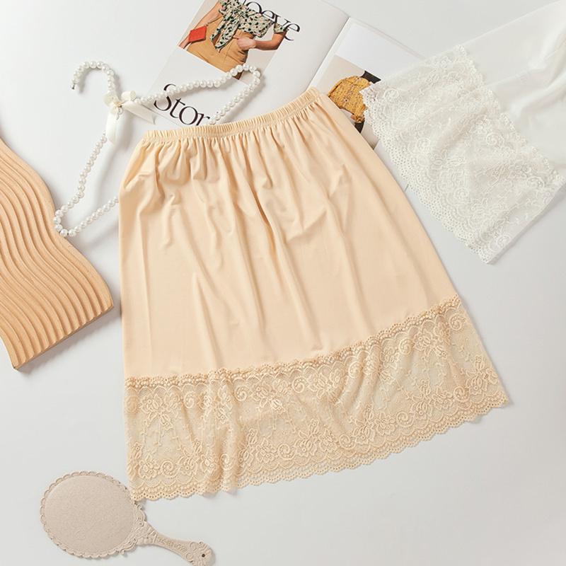 Women Skirt Extender Knee Lace Slip Hollow A-Line Half Extenders Women Lady Lace Casual Skirt Underskirt Petticoat: apricot / XL