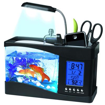 USB Desktop Mini Fish Tank Aquarium Glass LCD Timer Clock LED Lamp Light LED Aquarium Fish Tank Alarm Clock Black/White: Black