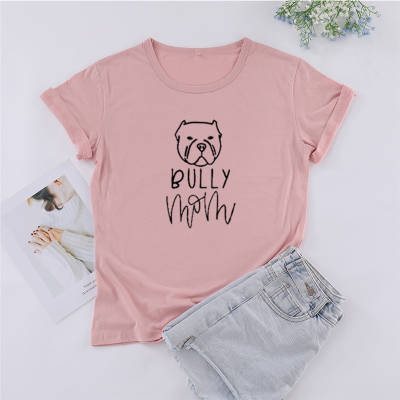 Camiseta de manga corta con cuello redondo para mujer, camisa UNISEX con estampado de Bully dog mom, 100% algodón, Harajuku,