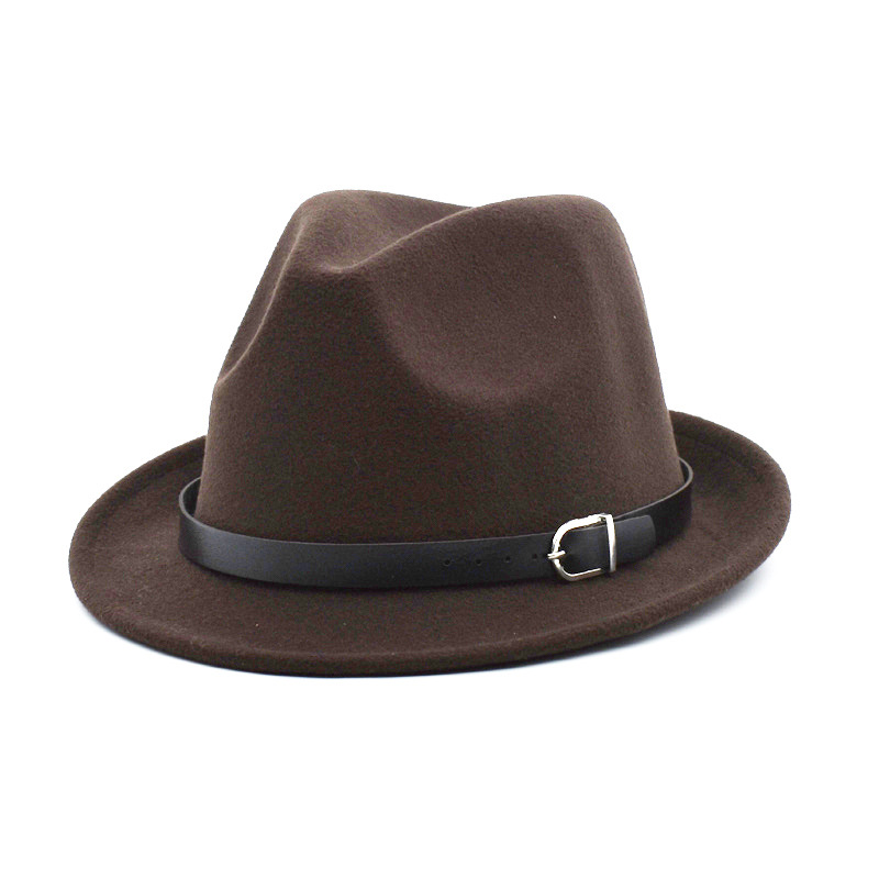 European Classical felt Fedoras Hat for Men Women Cowboy Trilby Cap Homburg Church Jazz Hat with Belt: coffee