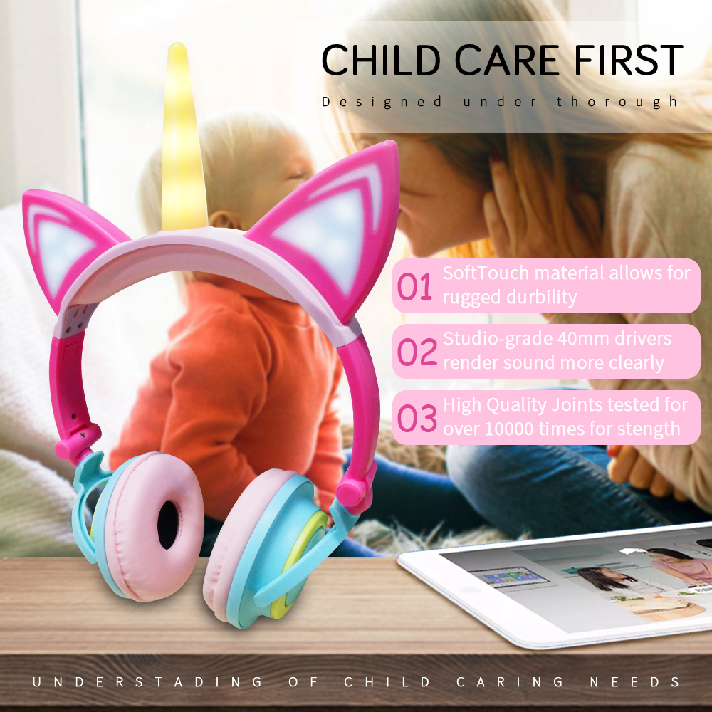 Casque licorne Original, casque d'écoute pliable avec clignotant pour enfants casque de musique filaire, casque de jeu pour oreilles de chat, pour enfants