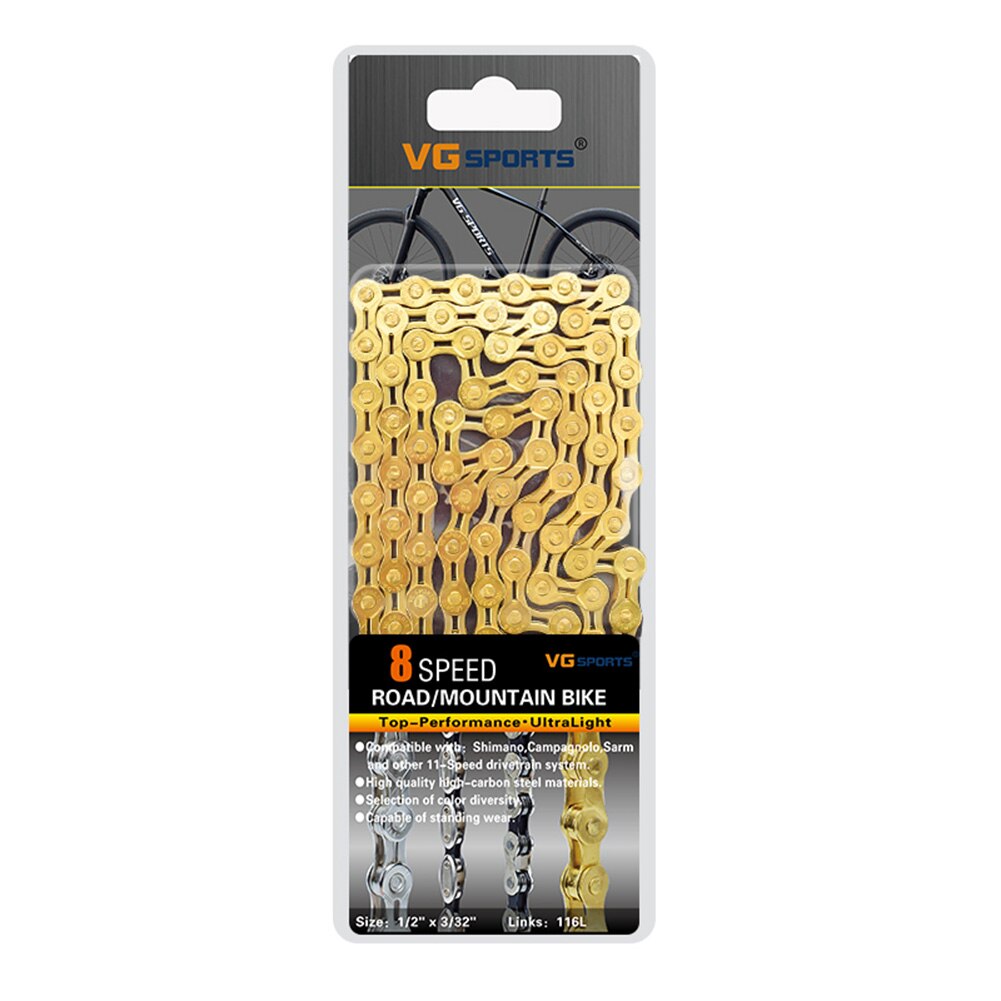 VG Sports Bicycle Chain 8 9 10 11 Speed Bicycle Chain Ultralight Bike Chain 116 Links MTB Road Bike Half Hollow Chain Bike Tools: Gold 8S