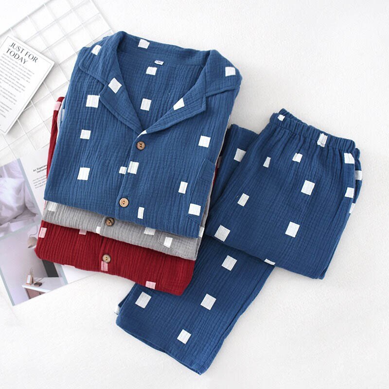 Spring Men's Gauze Cotton Pajamas Set Simple Style Turn-Down Collar Sleepwear Set Full Sleeve Clothes+Pants 2Pcs Homewear