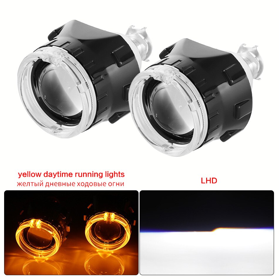 Aileo 2x 2.5 tommer led angel eyes bi-xenon projektor linse kørelys drl  h4 h7 h11 bil retrofit styling brug  h1 lys universal: Sort gul lhd