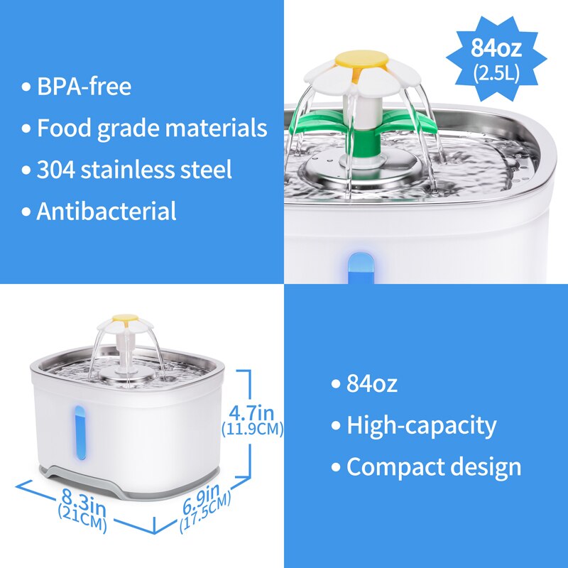 2.4L Automatic Pet Cat Water Fountain with LED Electric USB Dog Cat Pet Automatic Feeder Bowl Pet Drinking Fountain Dispenser