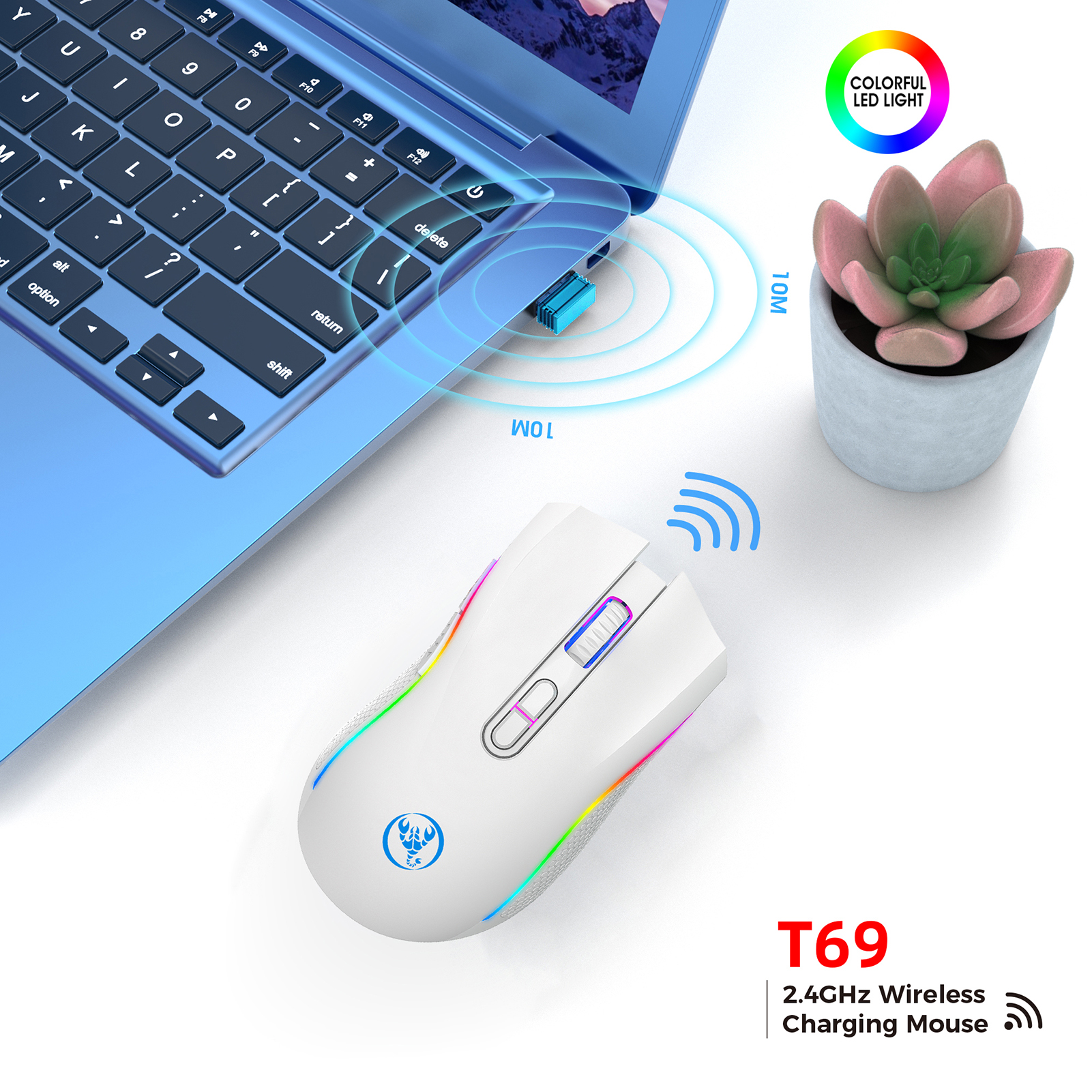 HXSJ T69 2.4G bezprzewodowa mysz mechaniczna mysz do gier RGB ergonomiczna 7 programowalnych przycisków mysz 4800 DPI dla graczy biurowych