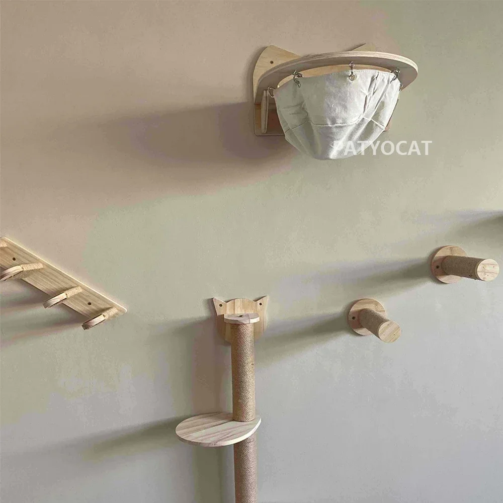 Wall Mounted Cat Climbing Wood Shelves Furniture Cat Bridge and Cat Hammock or Platform with Pedals for Kitten Perch and Rest