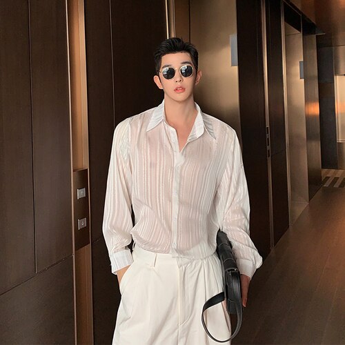 Mænd langærmet gennemsigtige striber afslappet skjorte mandlige vintage hvide skjorter scene tøj: M