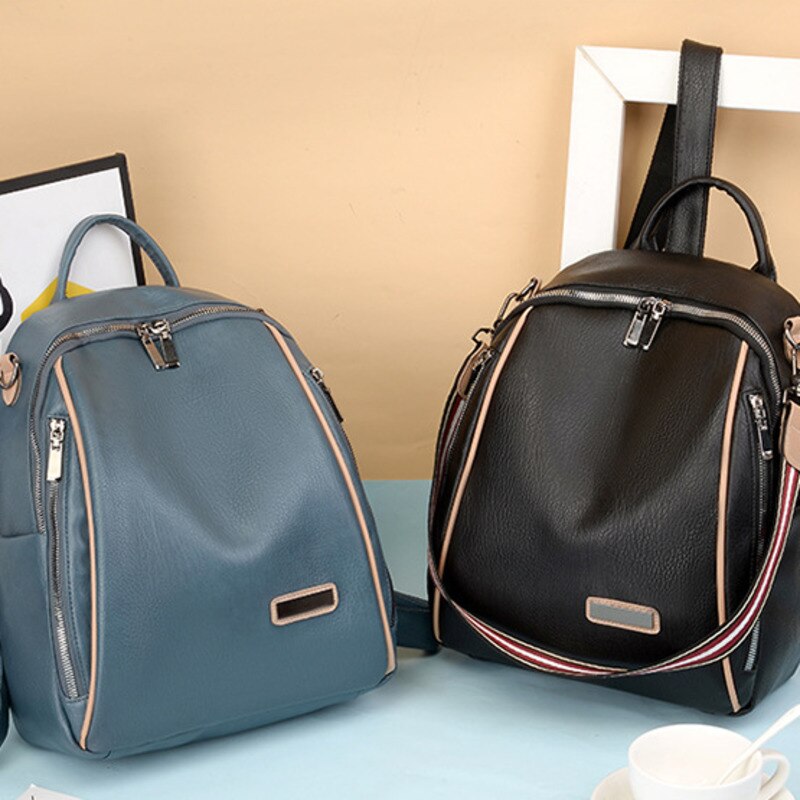 Backpack For Women Large Capacity PU Leather Wild Temperament Durable Soft Leisure Travel Black Blue Purse Bag