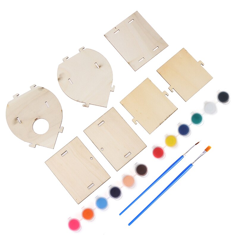 1 Pc Diy Mini Houten Vogel Huis Schilderen Borstel Kleurrijke Pigment Speelgoed Voor Kinderen