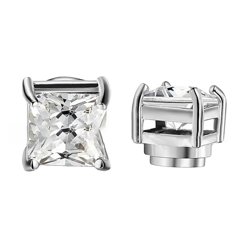 1 Pair Crystal Strong Magnetic Ear Stud Clip Earrings for Men Women Punk Round Zircon Magnet Earrings Non Piercing Jewelry: SILVER PLATED