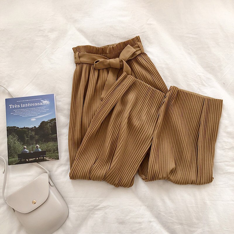 Women's Casual Wide Leg Pants - High Waist Belted Pleated Trousers for Summer: Khaki