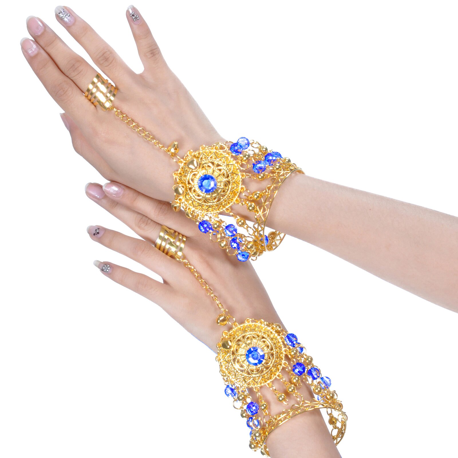 Buikdans accessoires indiase bollywood sieraden accessoires met strass belletjes 1 paar indiase sieraden armband buikdansen: Blauwkleine strass