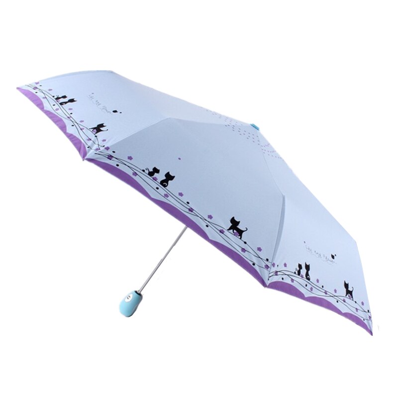 Oprindelige søde kat automatisk regn parasol kvinder bærbar vandtæt parasol vindtæt foldbar paraply: Lyseblå