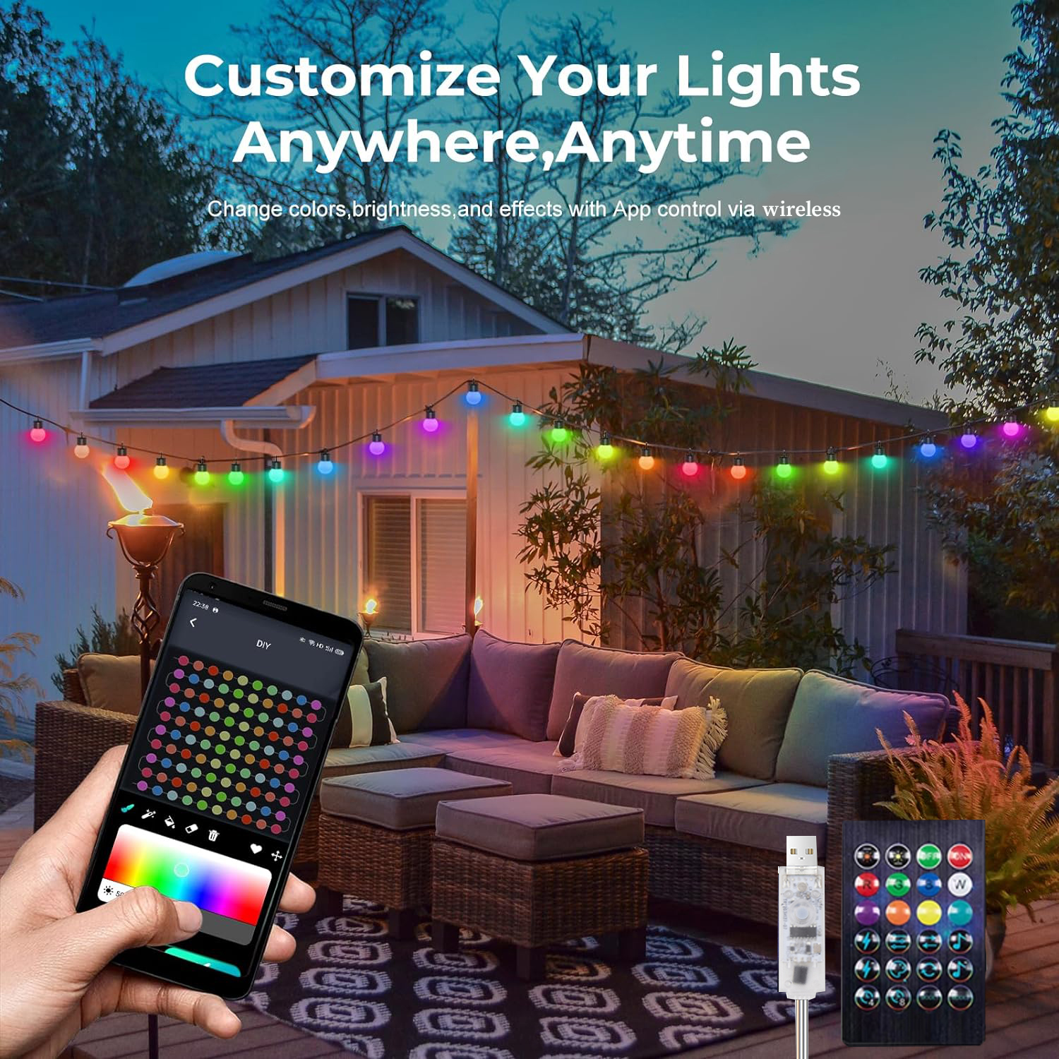 10m g40 ledet-lyslenke med bluetooth-app og fjernkontroll, utendørs usb, rgb-lyslenke, fargeskiftende, til fest, bryllup, hage, bakgård