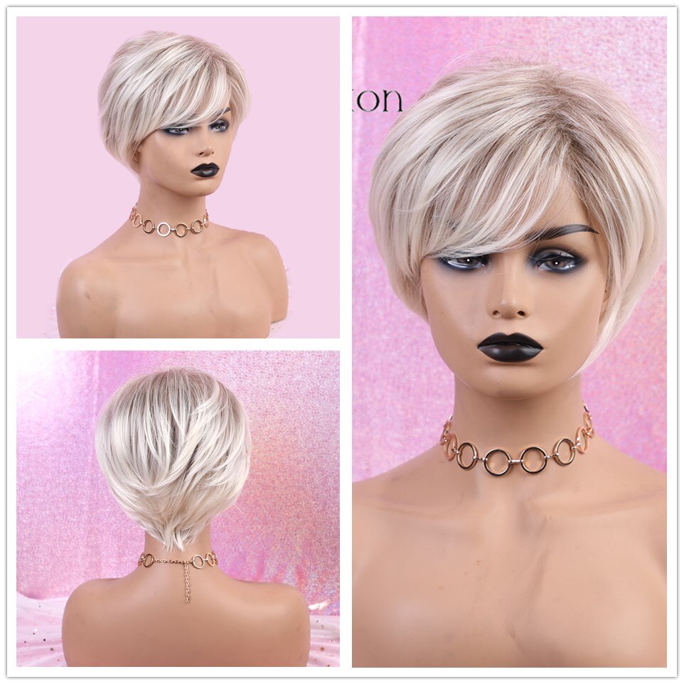 ALAN EATON Mixed Black Brown Wigs for Women Afro Short Straight Bob Wigs with Side Bangs High Temperature Fiber Pixie Cute: ss102