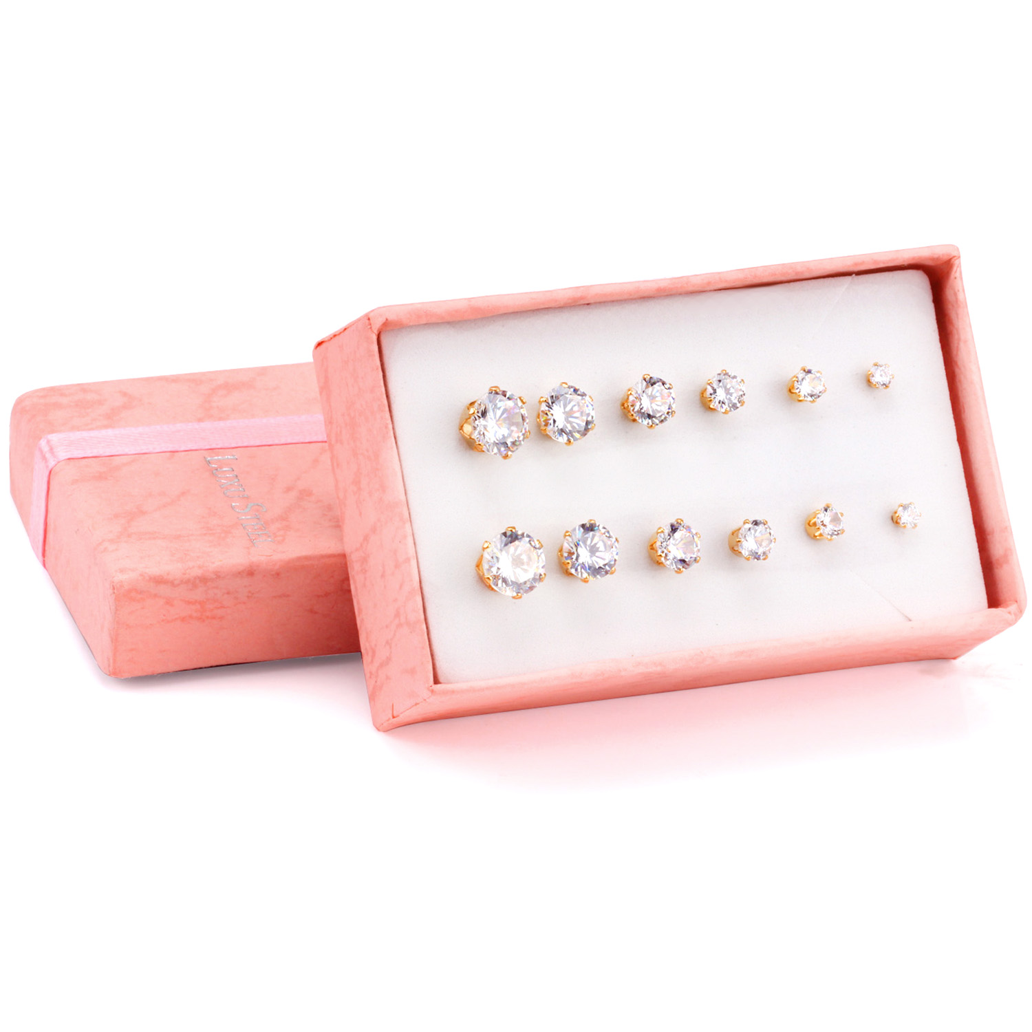 LUXUSTEEL 6 Paare/einstellen CZ Ohrstecker Edelstahl rund weiß Zirkonia hypoallergen 6 Krallen Ohrring trendiger Schmuck