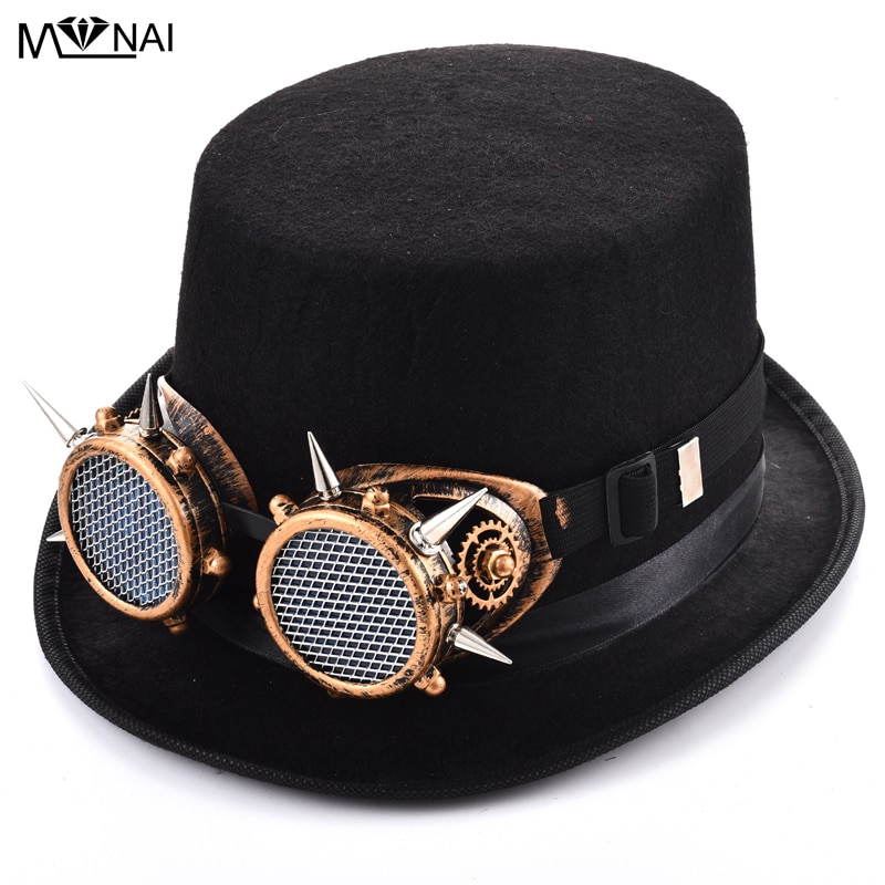 Vintage Dames Zwart Top Hat Met Klinknagels Bril Vrouwen Fedora Steampunk Gears Mannen Top Hat Met Spikes Bril
