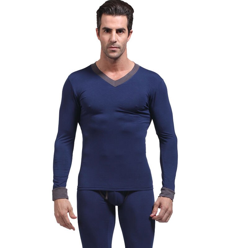 AOELEMENT Men's V-neck Underwear Set Modal Slim-fit Autumn Clothes Long Johns Mens Thermal Base Suit To Keep Warm Leggings: Blue / XXXL