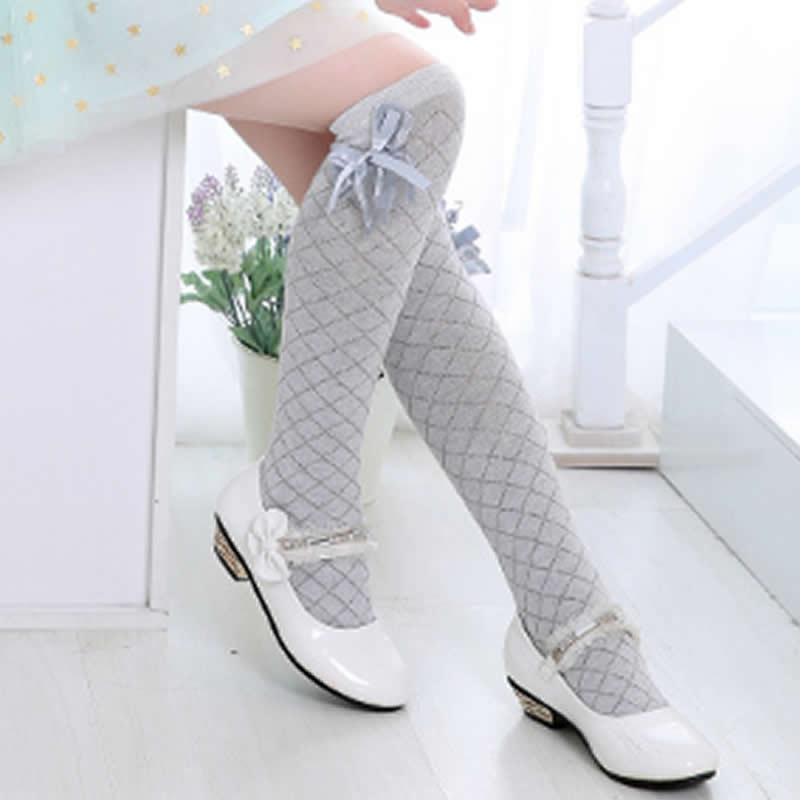 Children&#39;s summer stockings mesh over knee thin breathable cotton baby bow knot Princess socks, loose mouth high tube socks: Gray Socks