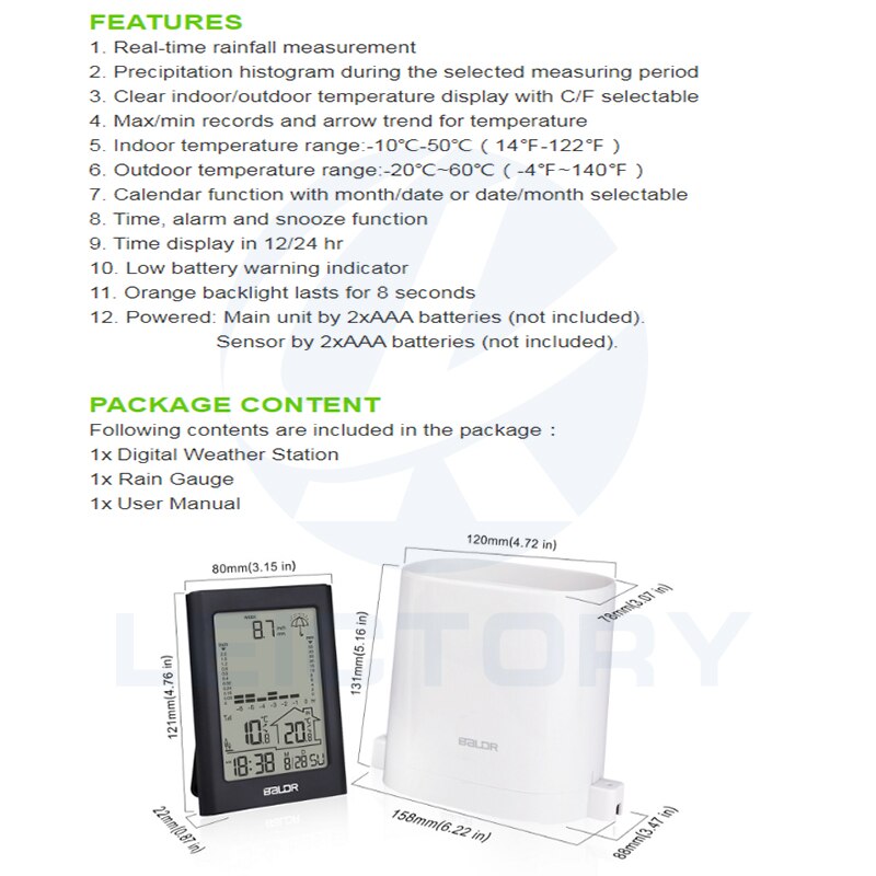 Wirless Regen Gauge Met Orange Backlight Kalender Wekker Weerstation Regen Meter