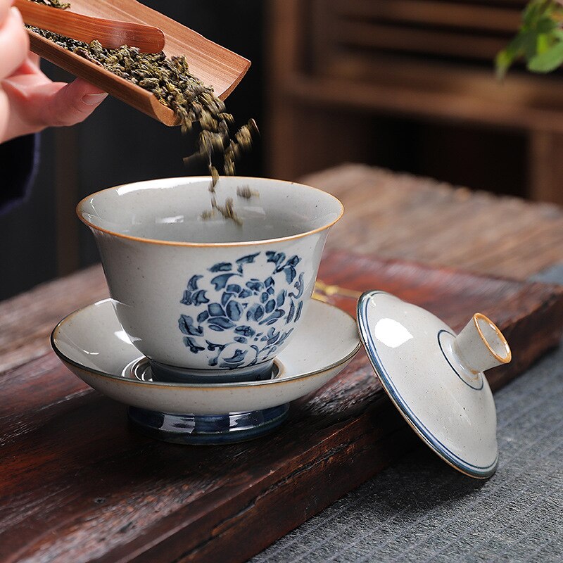 Retro Chinese Tea Cups Ceramic Gaiwan Tea Cup and Tea Lid Set Handmade Kung Fu Sancai Tea Bowl Drinkware