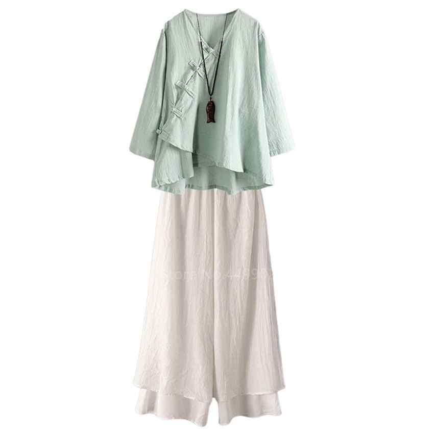 Traditional Chinese Women Tops Retro Casual Solid Linen Tea Set Breathable Tai Chi Hanfu Full Sleeve Buckle Tops Trousers