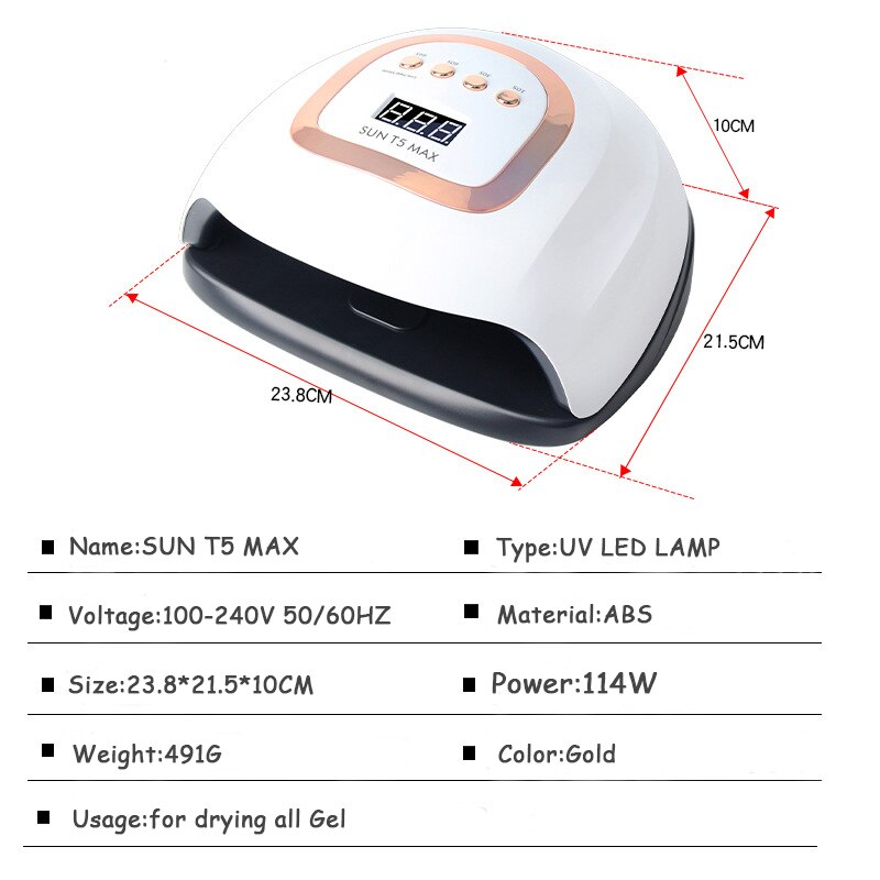 SUN T5 MAX-Lámpara LED para secado de uñas, 114W, UV, esmalte de Gel, temporizador de 10/30/60/99s, herramienta de manicura con Sensor automático