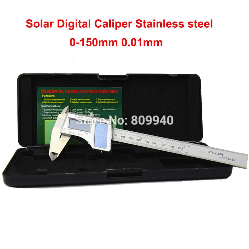 150mm 0.01mm Solar Digital Caliper Slider Caliper Solar Power Stainless Steel Digital Caliper Gauge Micrometer