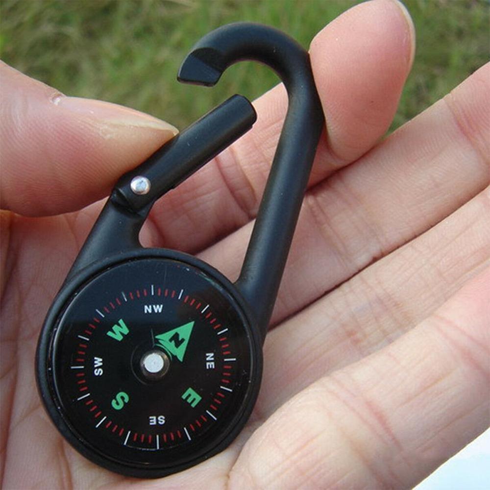 Metalen sleutelhanger voor buiten, minikompas, dubbelzijdige bergbeklimmingssleutel, karabijnhaak, thermometerkompas