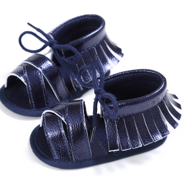 Merk zomer baby kwastjes sandalen zachte zool leren schoenen baby jongen meisje peuter effen kleur sandalen 0-18m: Blauw / 2.5