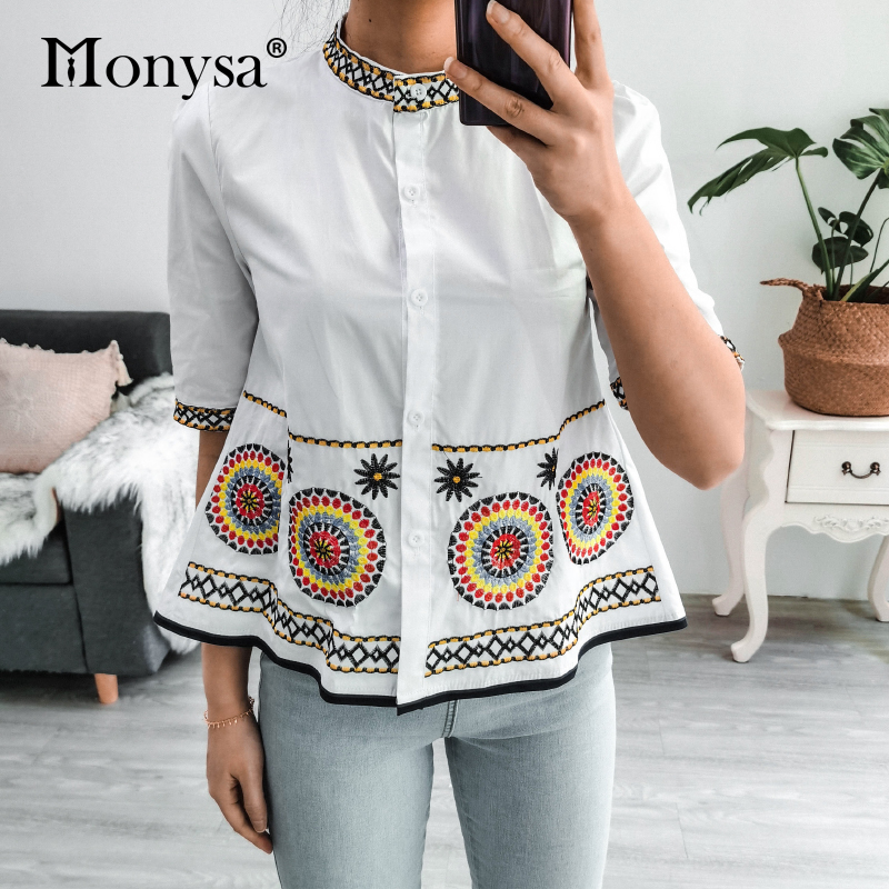 Women Summer Artsy Embroidery Colorblock 100%Cotton Blouse
