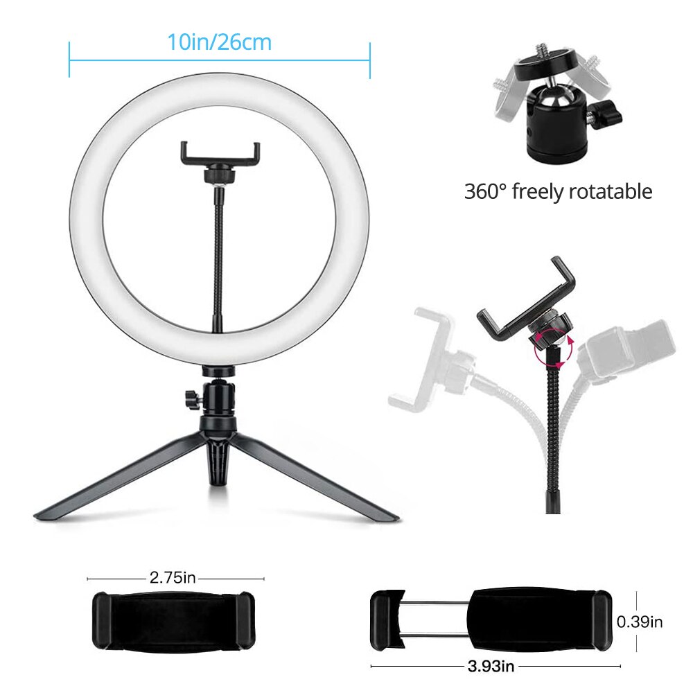 10 Inch Dimmable Ring Lamp LED Desktop Ring Light LED Ring Light with 2 Tripod For Makeup Video Live Studio Photography