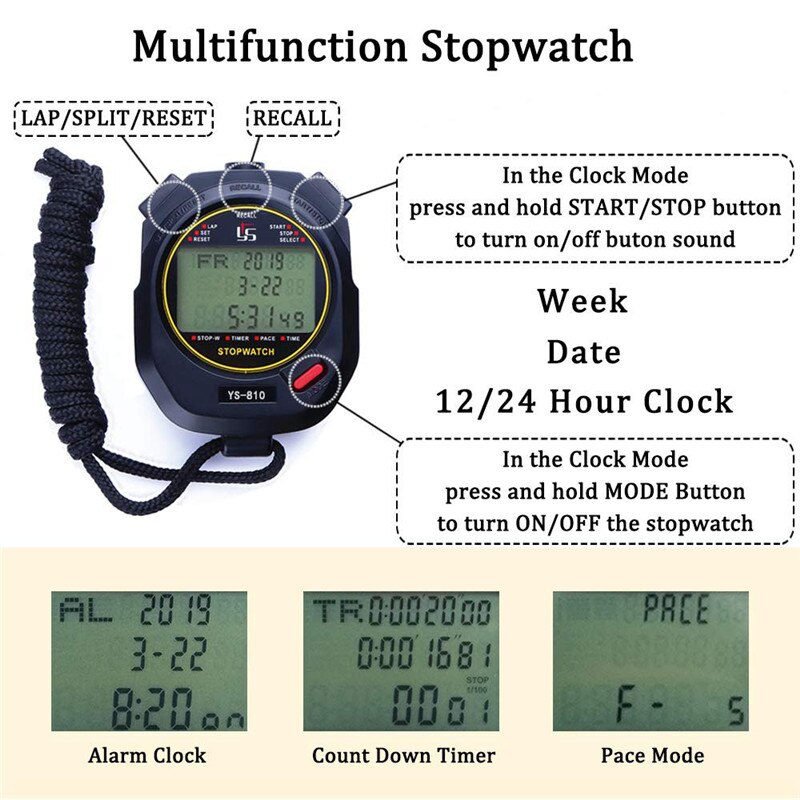 Digital Stopwatch Sports Timer Handheld LCD Large Display Silence Waterproof 30/60/120 Memories Lap for Track Field Training