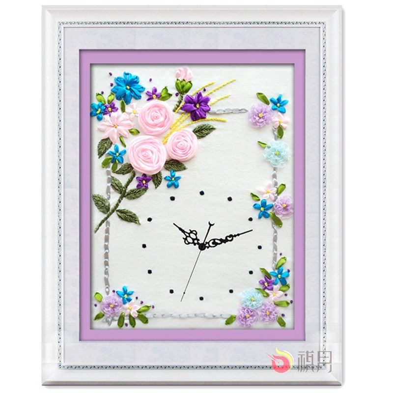 Rosa listón con flores pintura de bordado conjunto reloj artesanal Cruz puntada círculo DIY a mano costura Arte de la pared Decoración