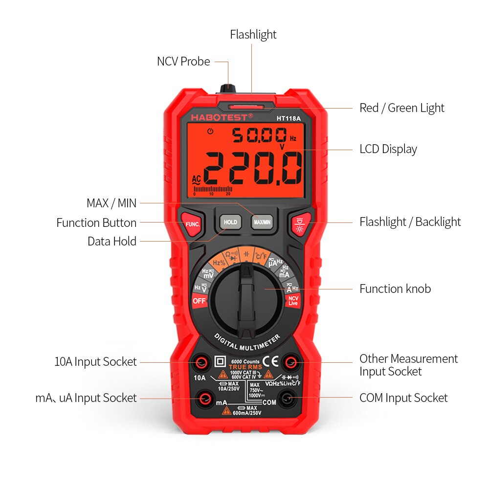 Auto-scanning Digital Multimeter DC AC Capacitance Resistance Tester 6000 count Portable Smart