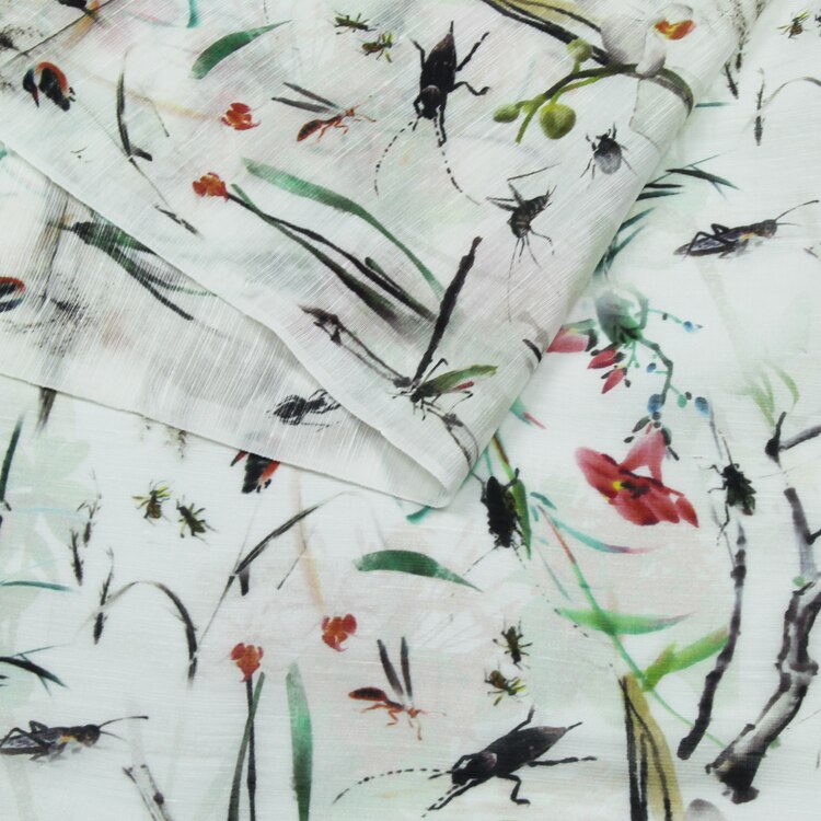Animal and plant insects print silk linen blended fabric 14momme,SLN159