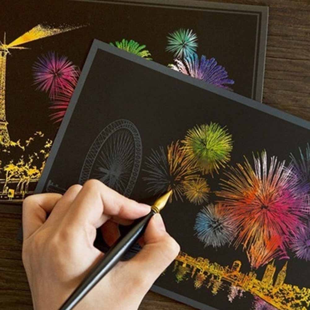 4 stk graveringskunst skrapesett fargerik nattutsikt sett scratch håndverk tegnepapir+ penn 20*14cm fyrverkeribilder postkort
