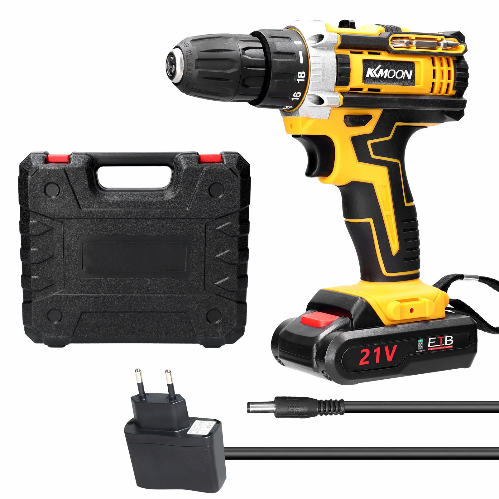 21V Cordless Electric Drill Brush Motor 2 Speeds Adjustment 18 Gears of Torque Adjustable Holes Drilling Machine: 1pcs Battery / US