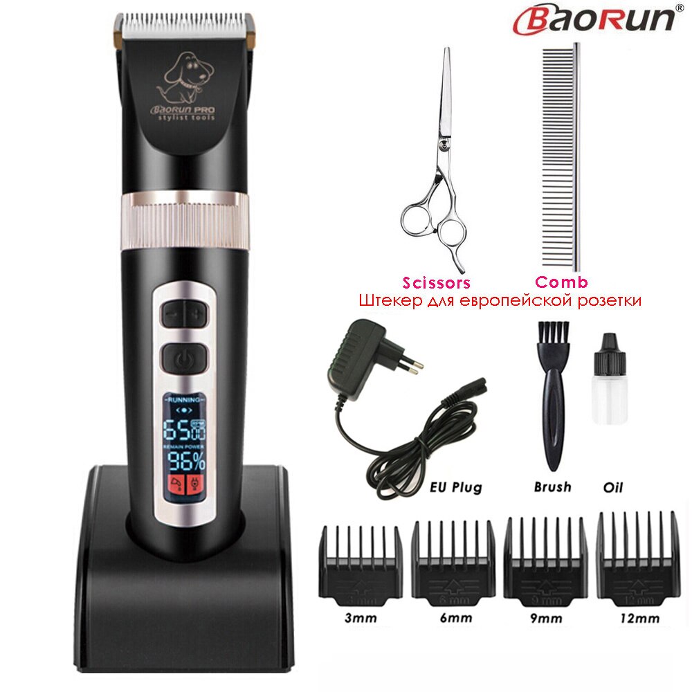 Baorun P9 Haarschneidemaschine Hunde Professionelle LCD Bildschirm Haustier Katze Schermaschinen Elektrische Pflege Trimmer Wiederaufladbare Haarschnitt Maschine Tiere: Schwarz regulär Bausatz
